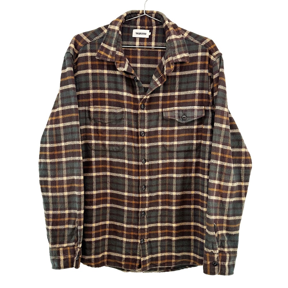 TAYLOR STITCH Plaid Heavy Flannel Crater Shirt • XL • brown green organic cotton